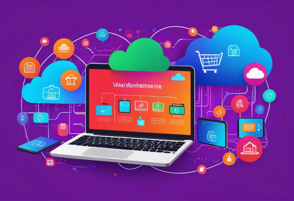 A bustling e-commerce marketplace with diverse small business storefronts, engaging users through various digital devices like smartphones and laptops, all interconnected by animated flowing digital lines. Include icons representing cloud services, cybersecurity, and global reach. Vibrant colors. Vector art.
