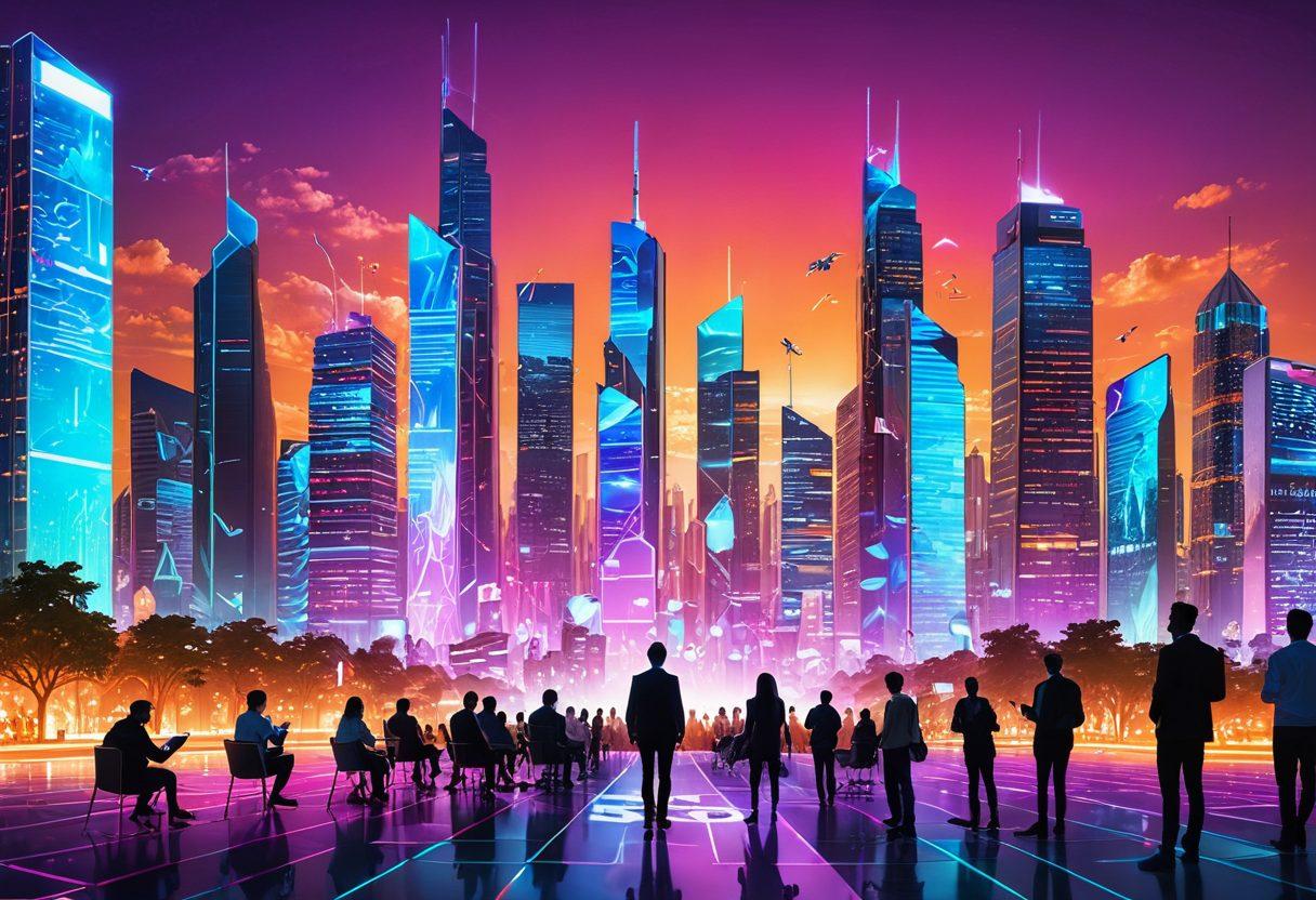 A bustling digital city skyline with holographic billboards showcasing SEO keywords and digital marketing icons, surrounded by futuristic skyscrapers. People using gadgets and VR headsets, data graphs floating above their heads. Sunset with vibrant hues setting the dynamic mood. super-realistic. vibrant colors.